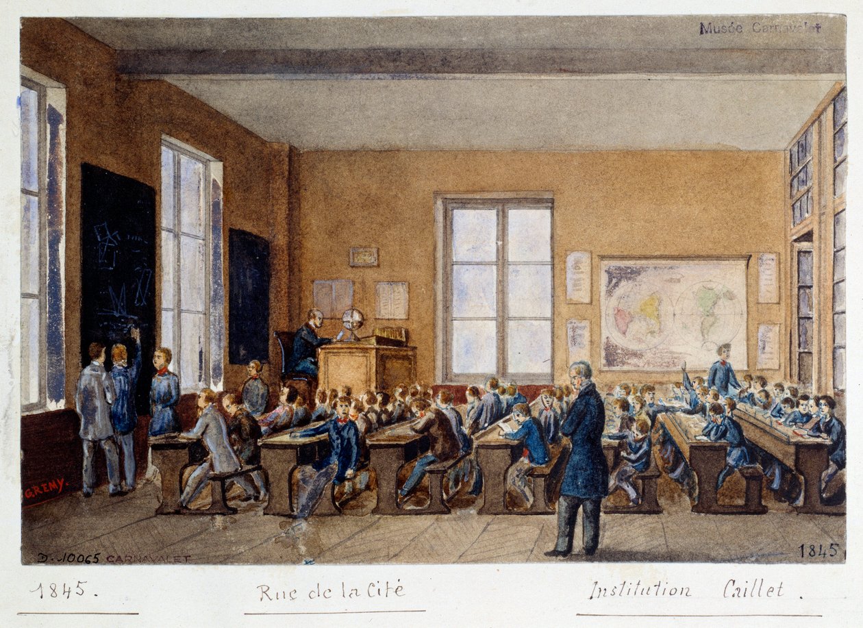 Učebna instituce Caillet, rue de la Cite, Paříž, 1845. Akvarel G. Remy od G. Remy