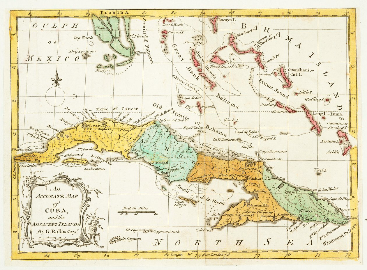 Přesná mapa Kuby a přilehlých ostrovů, pub c. 1762 od G Rollos