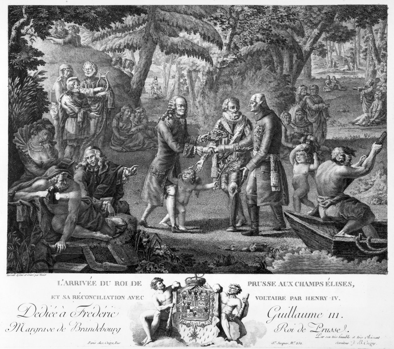 Henri IV (1553-1610) usmíření Fridricha Viléma II. (1744-97) a Voltaira (1694-1778) na Elysejských polích, 2. polovina 18. století od G. Texier