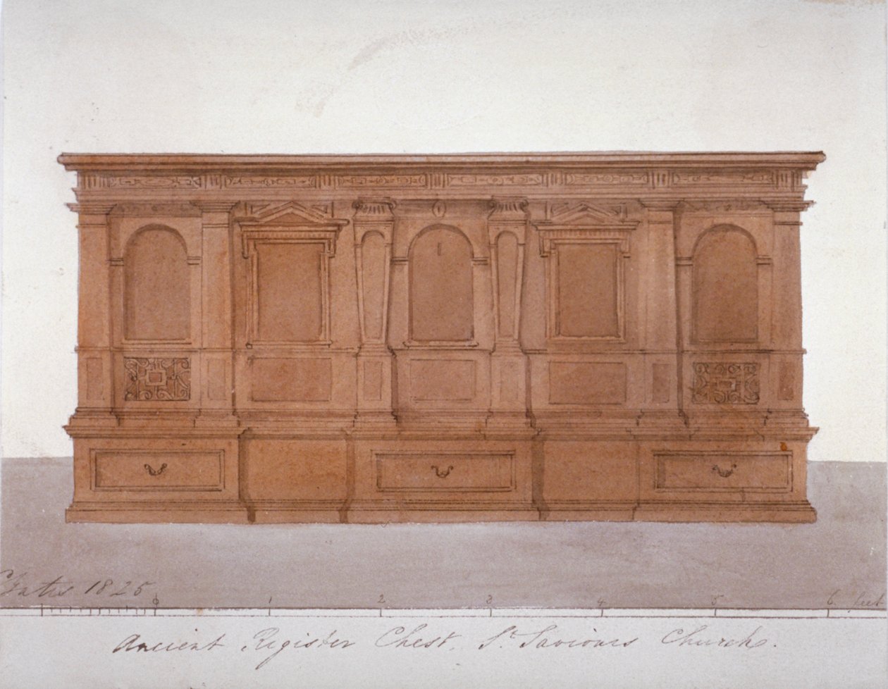 Starověká registrační truhla z katedrály Southwark, Londýn, 1825 od G Yates