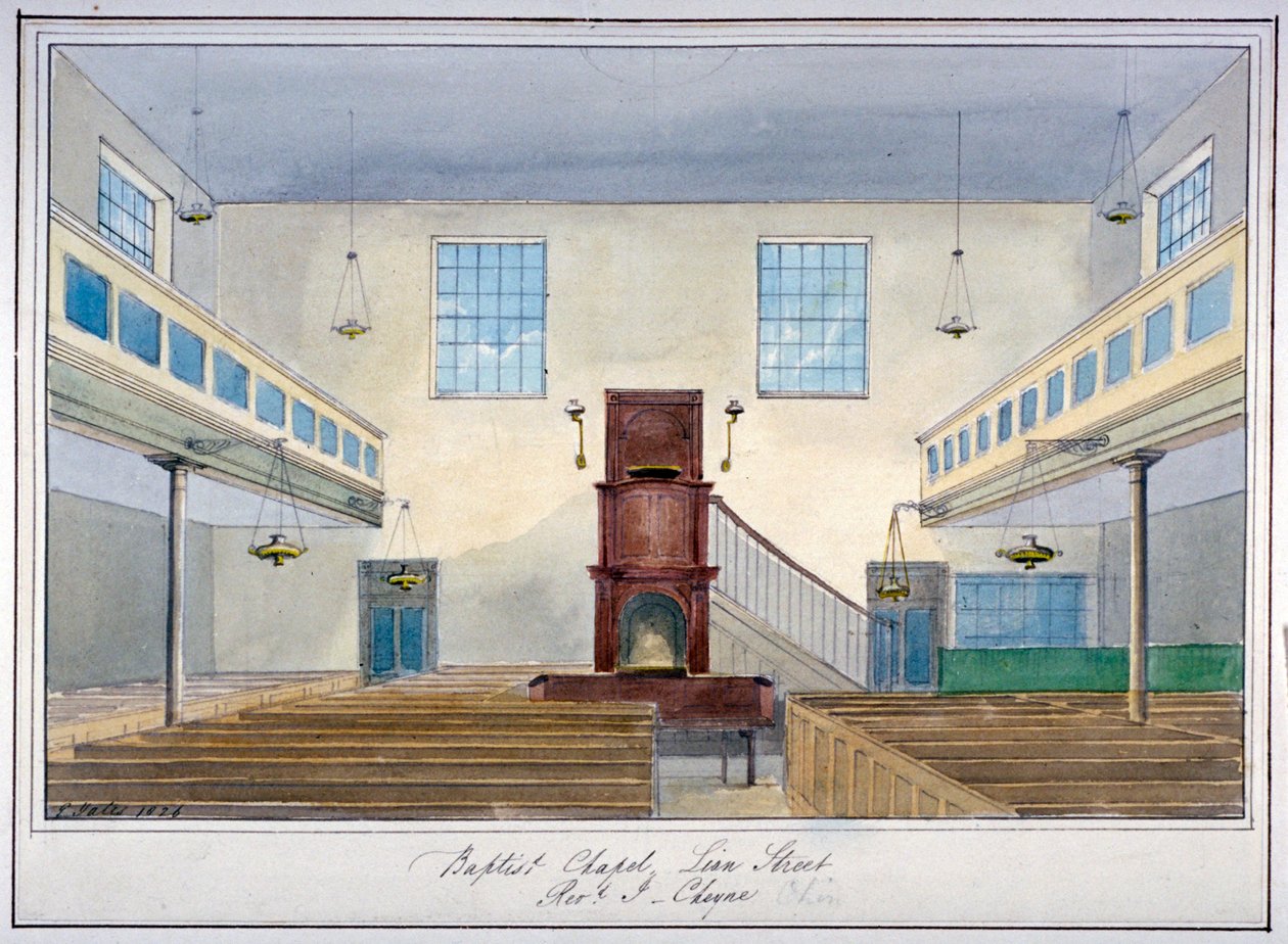 Vnitřní pohled na Lion Street Baptist Chapel, mimo New Kent Road, Southwark, Londýn, 1826 od G Yates