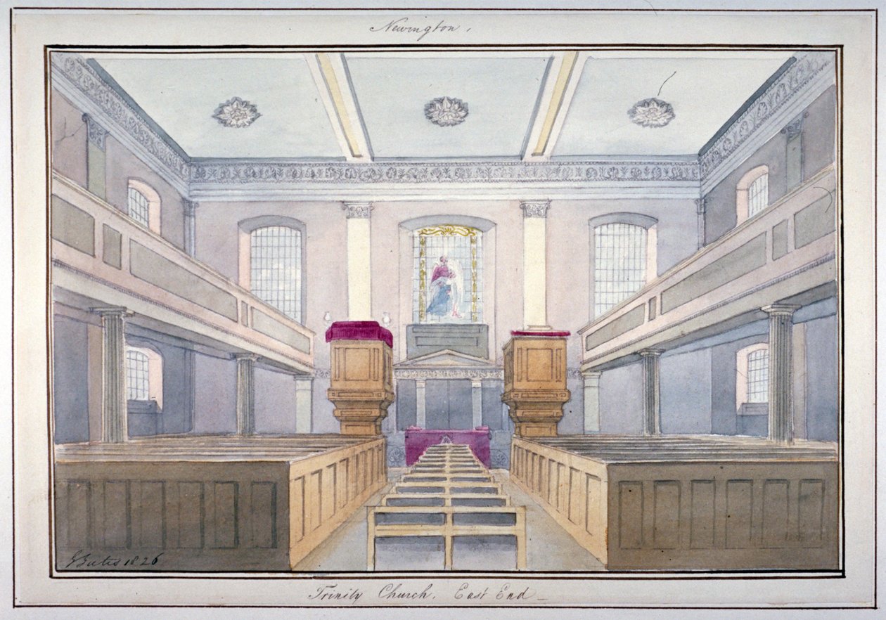 Vnitřní pohled na východní konec kostela Nejsvětější Trojice, Newington, Southwark, Londýn, 1826 od G Yates