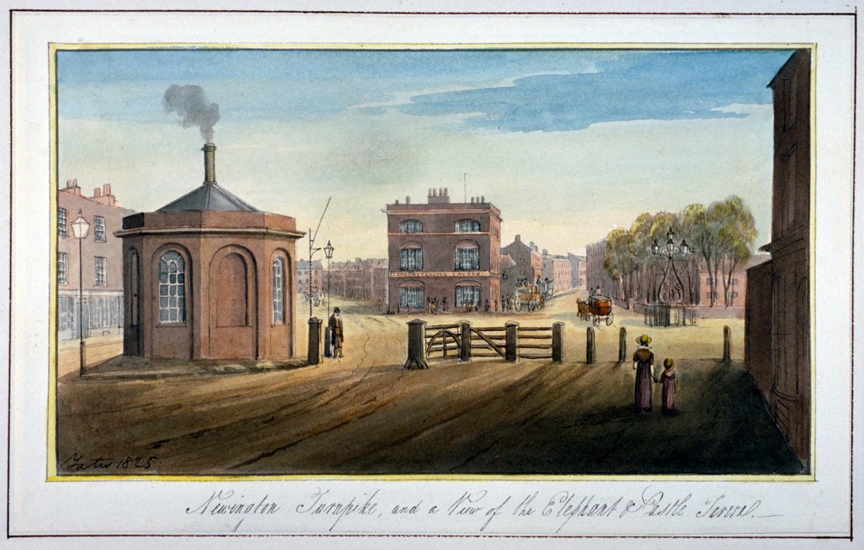 Newington Turnpike na Newington Causeway, Southwark, Londýn, 1825 od G Yates