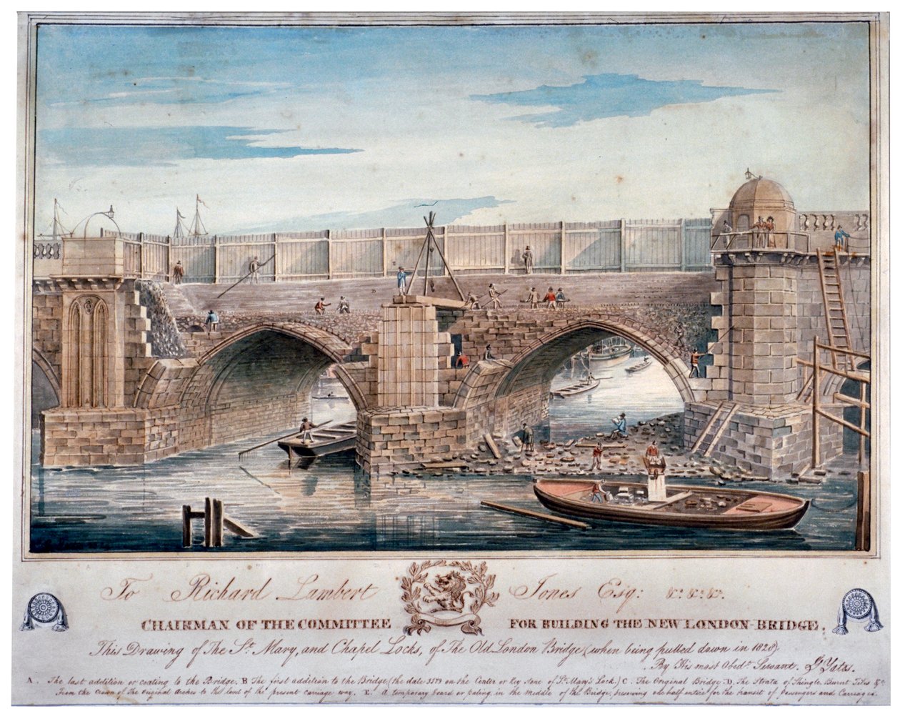 Bourání zámků St Mary and Chapel Locks, London Bridge, 1829. od G Yates