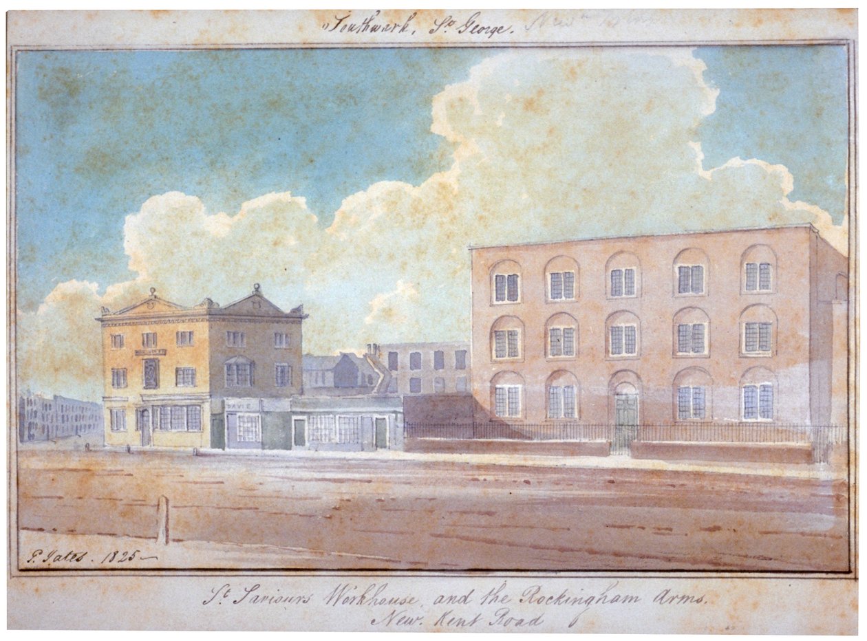 Workhouse St Saviour a Rockingham Arms Inn, New Kent Road, Southwark, Londýn, 1825 od G Yates