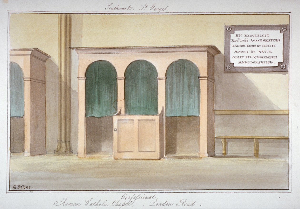 Zpovědnice v římskokatolické kapli na London Road, Southwark, Londýn, 1825 od G Yates