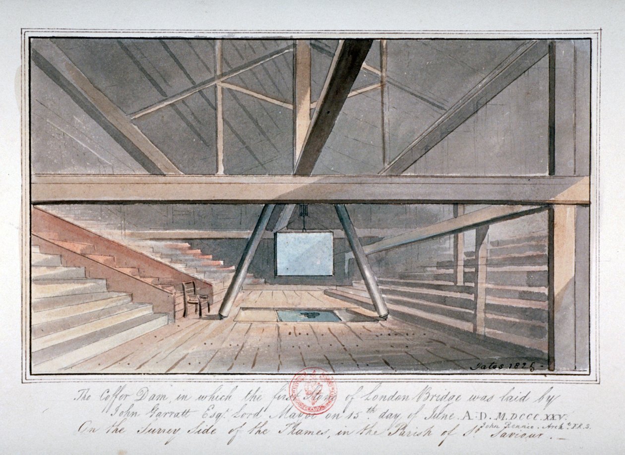 Pohled na založení London Bridge, 1825 od G Yates
