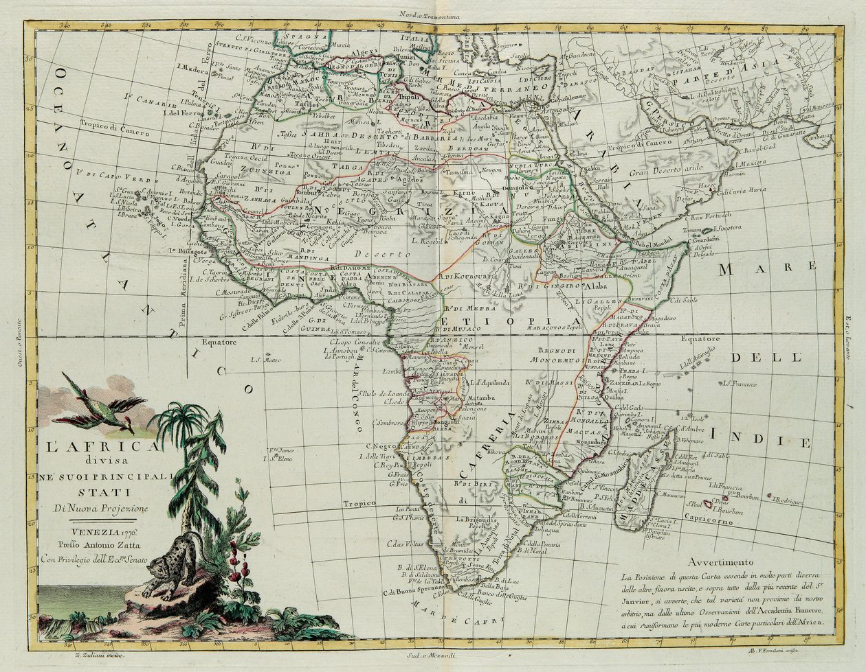 Afrika rozdělená na své hlavní státy, rytina G. Zuliani převzata z Toma I. z Nejnovějšího atlasu vydaného v Benátkách v roce 1776 Antoniem Zattou, Soukromá sbírka od G. Zuliani