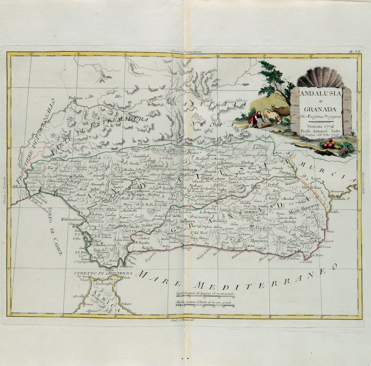 Andalusia and Granada, rytina G. Zuliani převzatá z Toma I. z Nejnovějšího atlasu vydaného v Benátkách v roce 1776 Antoniem Zattou, Soukromá sbírka od G. Zuliani