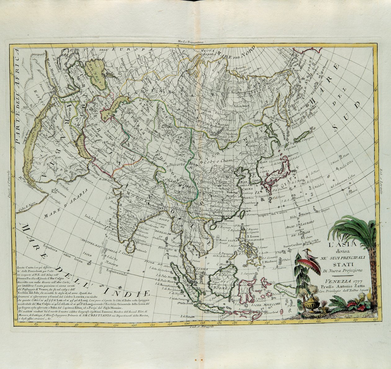 Asie rozdělená na své hlavní státy, rytina G. Zuliani převzatá z Toma I. z Nejnovějšího atlasu vydaného v Benátkách roku 1777 Antoniem Zattou, Soukromá sbírka od G. Zuliani