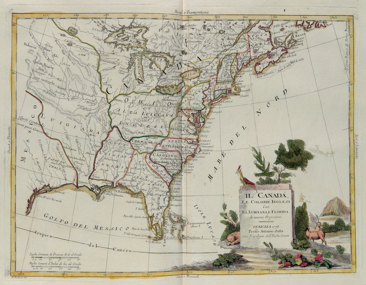 Kanada, anglické kolonie s Louisianou a Floridou, rytina G. Zuliani převzatá z Toma I. z Nejnovějšího atlasu vydaného v Benátkách v roce 1778 Antoniem Zattou, Soukromá sbírka od G. Zuliani