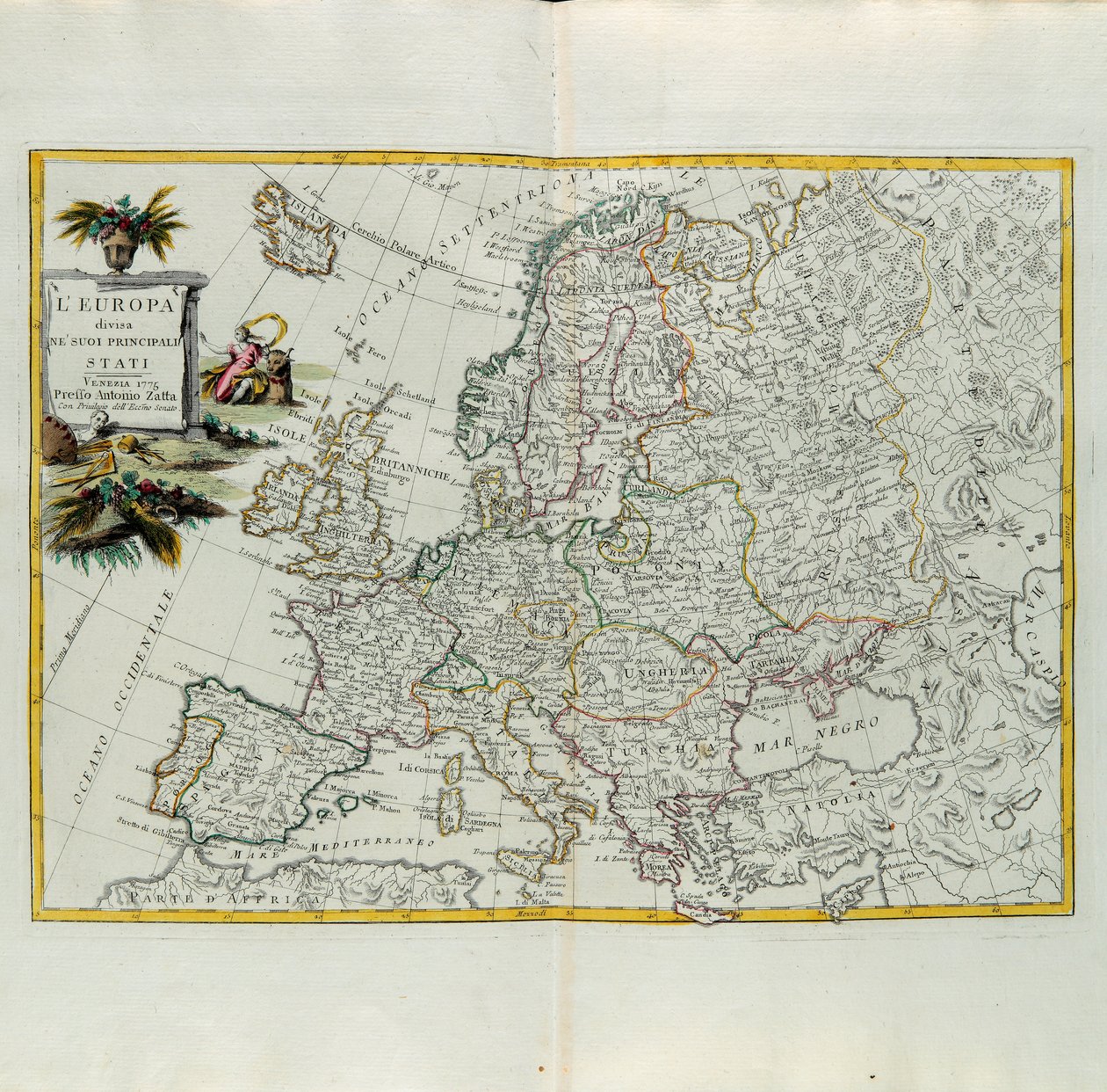 Evropa rozdělená na své hlavní státy, rytina G. Zuliani převzata z Toma I. z Nejnovějšího atlasu vydaného v Benátkách v roce 1776 Antoniem Zattou, Soukromá sbírka od G. Zuliani
