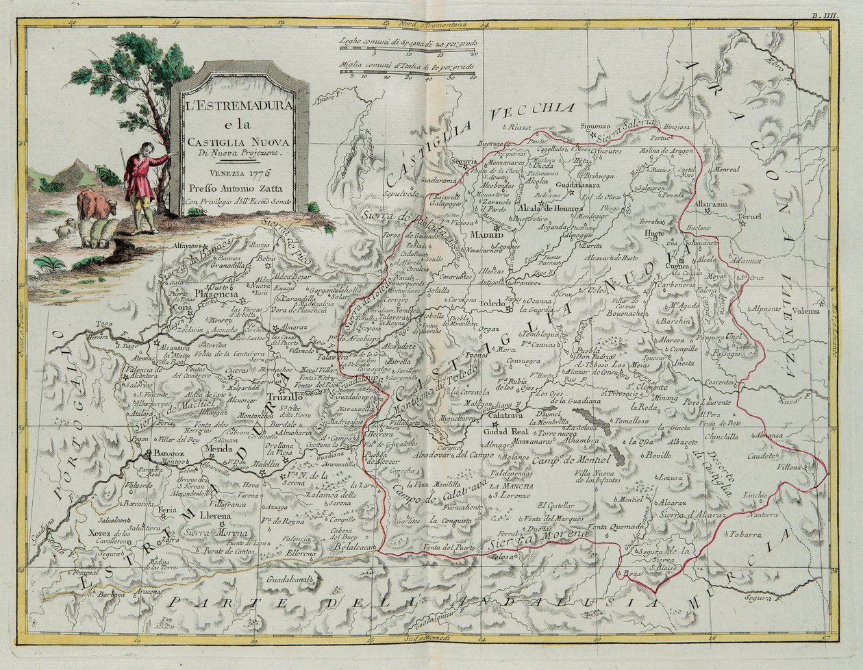 Extremadura a Castilla la Nueva, rytina G. Zuliani převzatá z Toma I. z Nejnovějšího atlasu vydaného v Benátkách v roce 1776 Antoniem Zattou, Soukromá sbírka od G. Zuliani