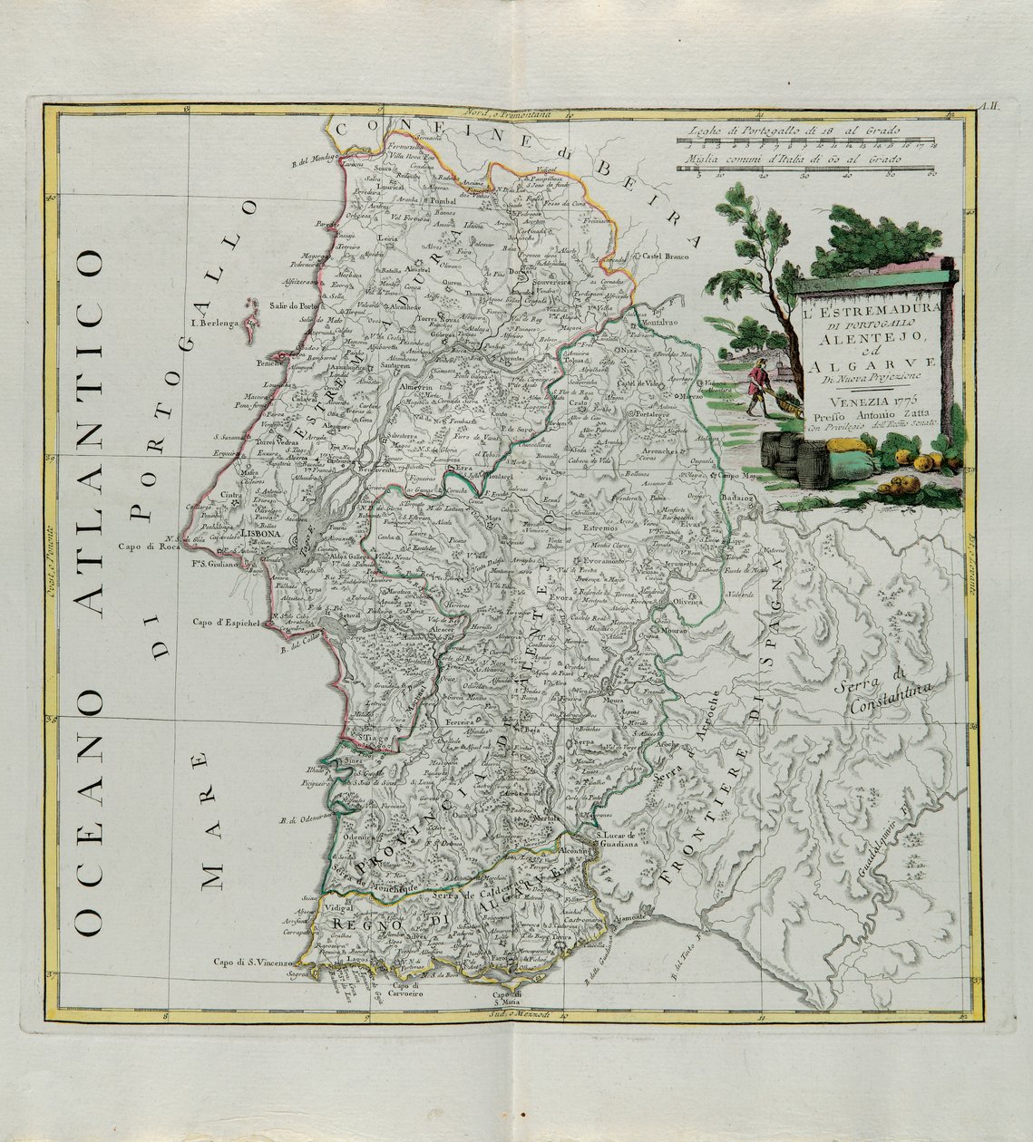 Extremadura of Portugal Alentejo nebo Algarve, rytina G. Zuliani převzatá z Toma I. z nejnovějšího atlasu vydaného v Benátkách v roce 1776 Antoniem Zattou, soukromá sbírka od G. Zuliani