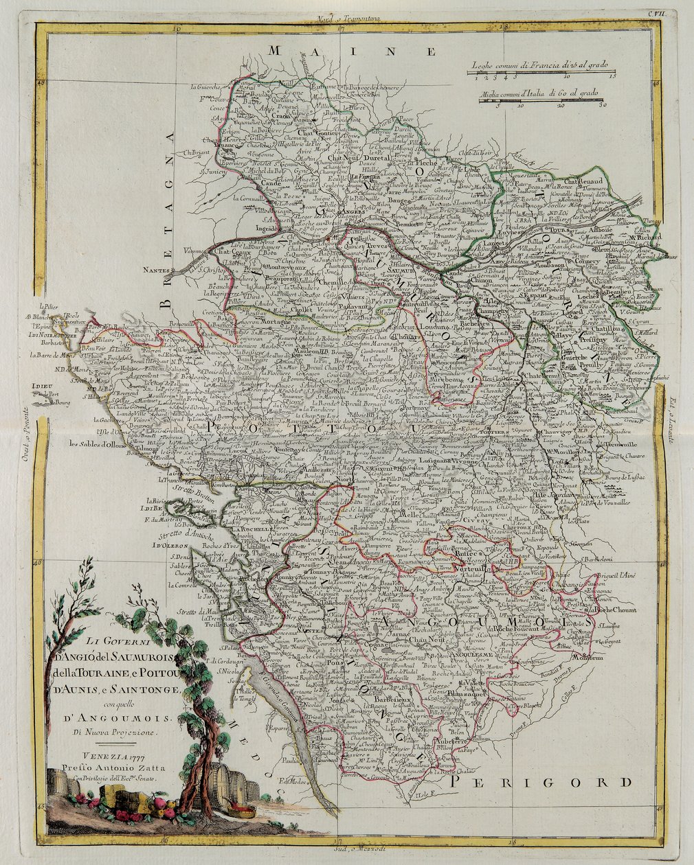 Governance of Anjou, Saumurois, Touraine a Poitou, Aunis a Saintonge s tím Anjoumois, rytina G. Zuliani převzatá z Toma I. z Nejnovějšího atlasu vydaného v Benátkách v roce 1777 Antoniem Z. od G. Zuliani