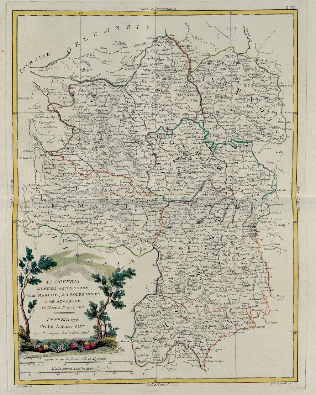 Governances of Berri, Nivernois, Marche, Bourbon a Auvergne, rytina G. Zuliani převzatá z Toma I. z Nejnovějšího atlasu vydaného v Benátkách v roce 1776 Antoniem Zattou, Soukromá sbírka od G. Zuliani