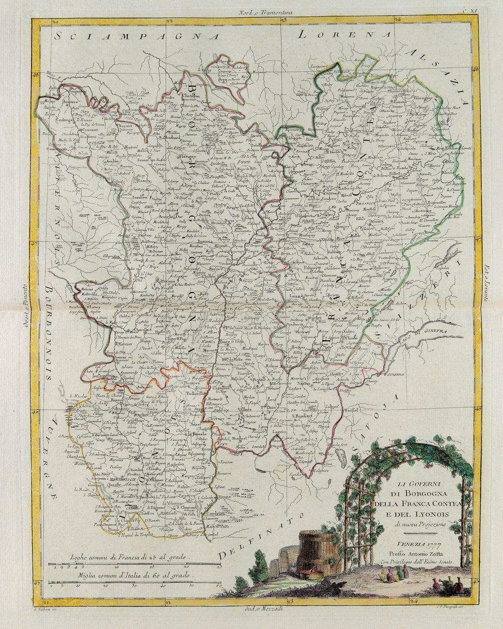 Governance of Bourgogne, Franca Contea a Lyons, rytina G. Zuliani převzatá z Toma I. z Nejnovějšího atlasu vydaného v Benátkách v roce 1777 Antoniem Zattou, Soukromá sbírka od G. Zuliani