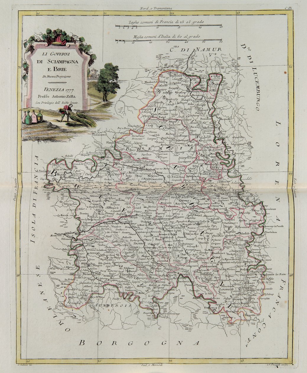 Governances of Champagne a Brie, rytina G. Zuliani převzatá z Toma I. z Nejnovějšího atlasu vydaného v Benátkách v roce 1777 Antoniem Zattou, Soukromá sbírka od G. Zuliani