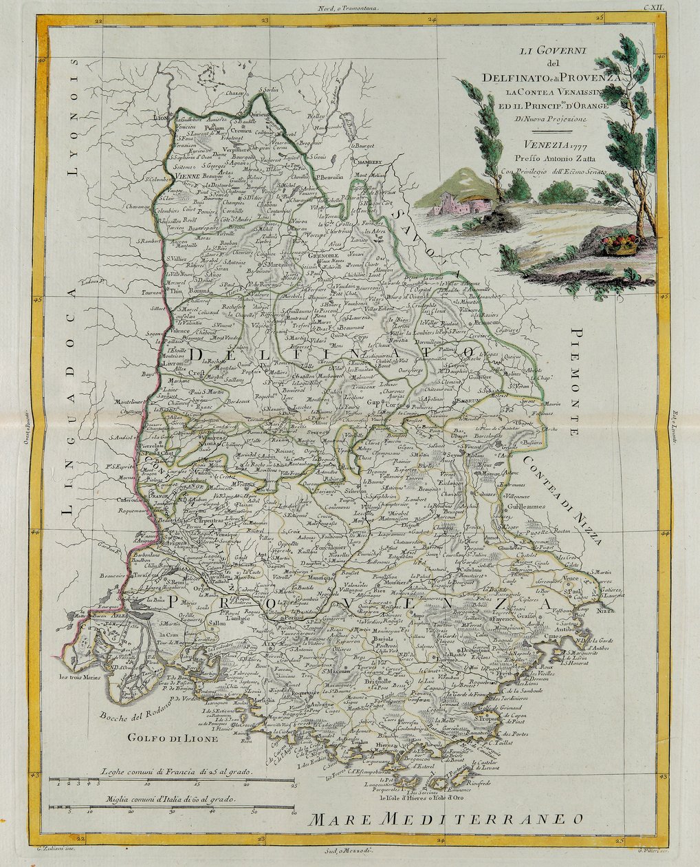 Governances of Dauphin, Provence, County Venaissin a Principate of Orange, rytina G. Zuliani převzatá z Toma I. z Nejnovějšího atlasu vydaného v Benátkách v roce 1777 Antoniem Zattou, priv. od G. Zuliani
