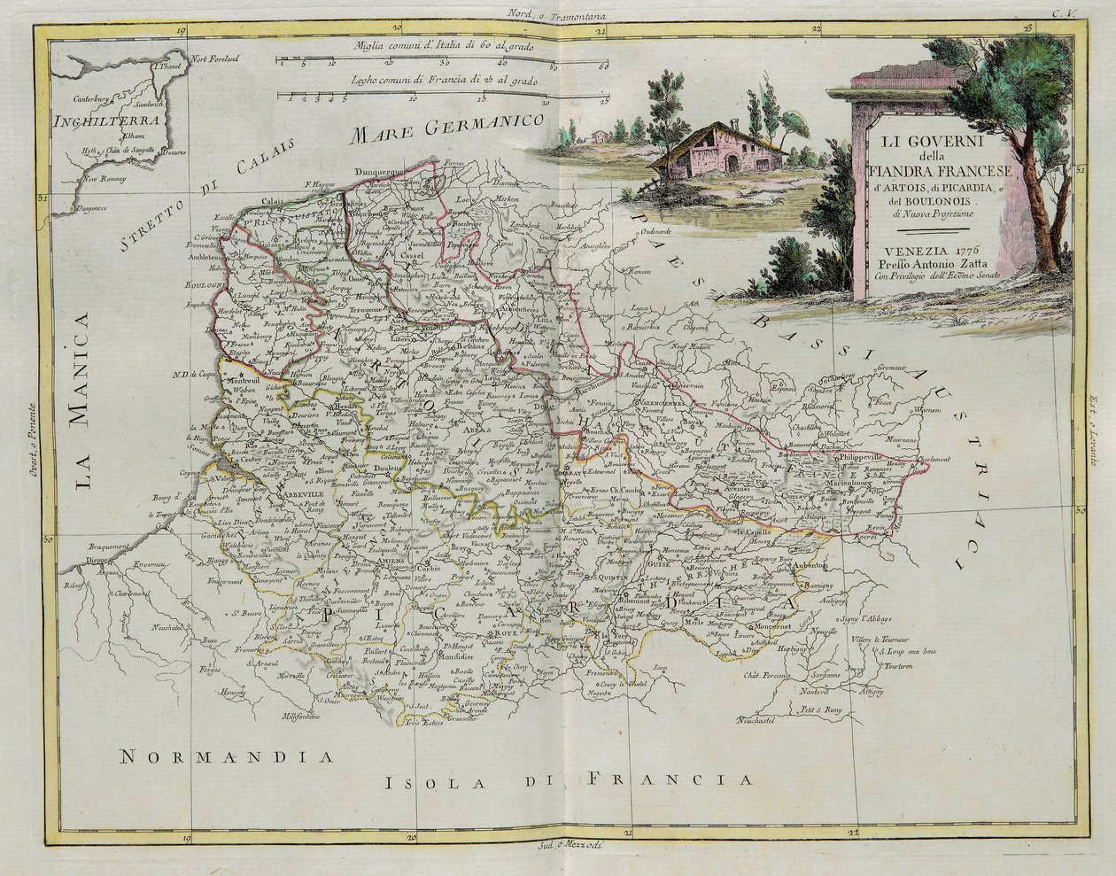Governances of French Flanders, Artois, Picardy and Boulonois, rytina G. Zuliani převzatá z Toma I. z Nejnovějšího atlasu vydaného v Benátkách v roce 1776 Antoniem Zattou, Soukromá sbírka od G. Zuliani