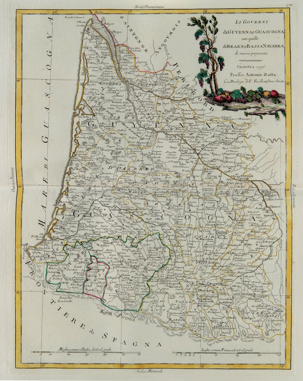 Governances of Guyenne and Gascogne with the Bearn and Lower Navarre, rytina G. Zuliani převzatá z Toma I. z Nejnovějšího atlasu vydaného v Benátkách v roce 1776 Antoniem Zattou, Soukromá sbírka od G. Zuliani