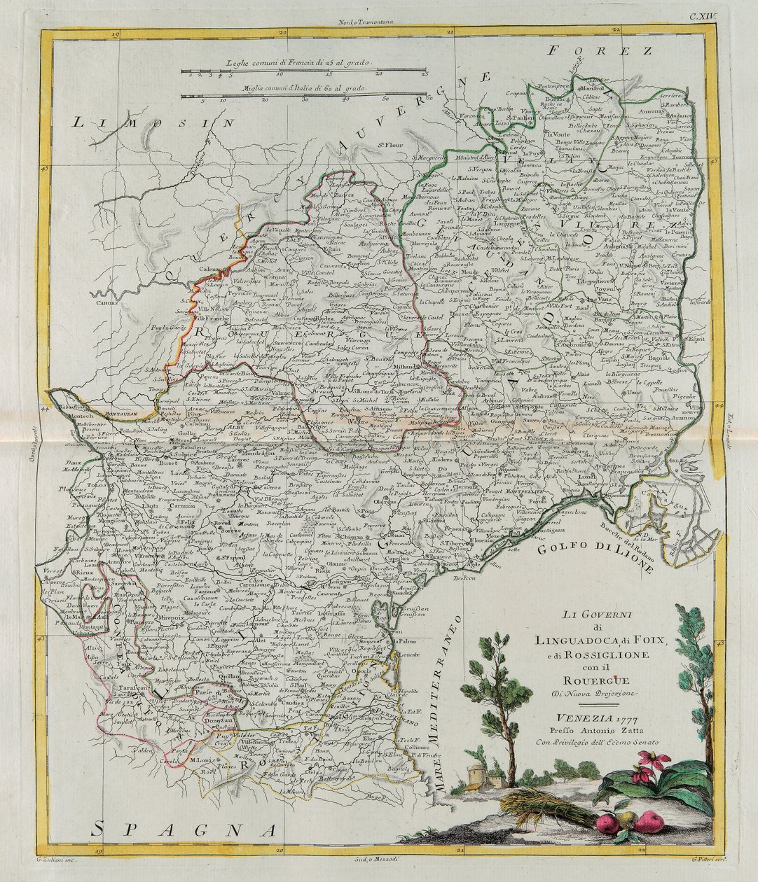 Governances of Langeddoc, Foix a Roussillon s Rouergue, rytina G. Zuliani převzatá z Toma I. z Nejnovějšího atlasu vydaného v Benátkách v roce 1777 Antoniem Zattou, Soukromá sbírka od G. Zuliani