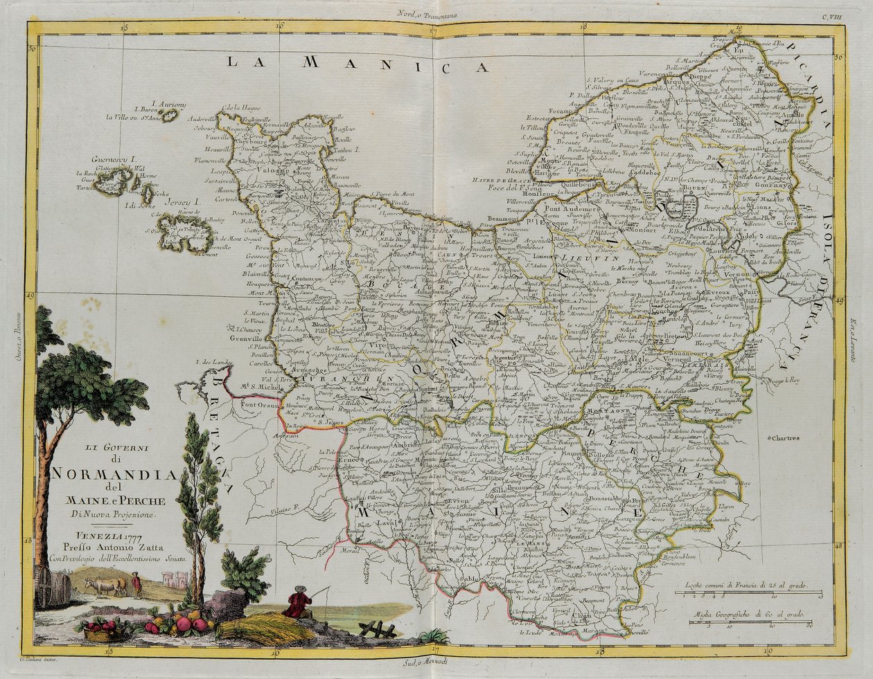 Governances of Normandie, Maine a Perche, rytina G. Zuliani převzatá z Toma I. z Nejnovějšího atlasu vydaného v Benátkách v roce 1777 Antoniem Zattou, Soukromá sbírka od G. Zuliani