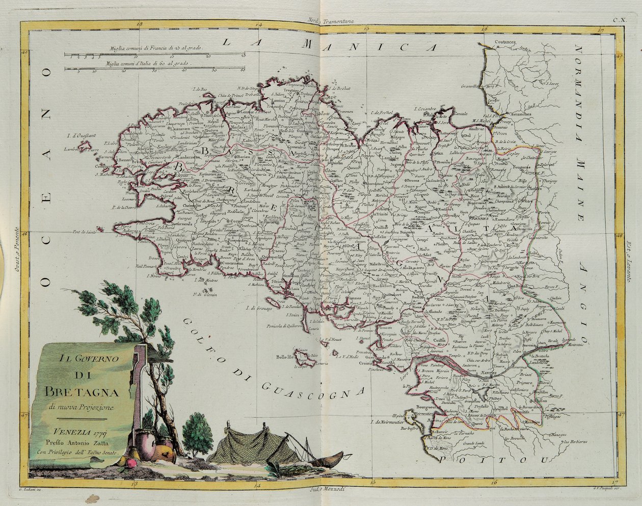 Bretaňský záliv, rytina G. Zuliani převzatá z Toma I. z nejnovějšího atlasu vydaného v Benátkách v roce 1777 Antoniem Zattou, soukromá sbírka od G. Zuliani