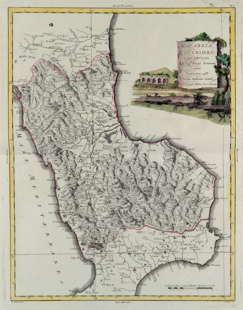 Hither Calabria, rytina G. Zuliani převzatá z Toma II z "Nejnovějšího atlasu" vydaného v Benátkách v roce 1783 Antoniem Zattou, Soukromá sbírka od G. Zuliani