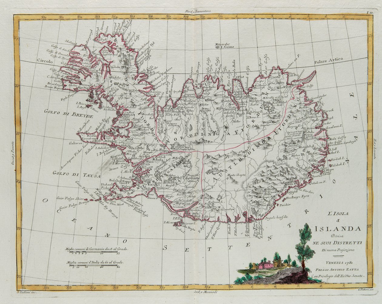 Island rozdělený na své obvody, rytina G. Zuliani převzatá z Toma III z „Nejnovějšího atlasu“ vydaného v Benátkách v roce 1781 Antoniem Zattou, Soukromá sbírka od G. Zuliani