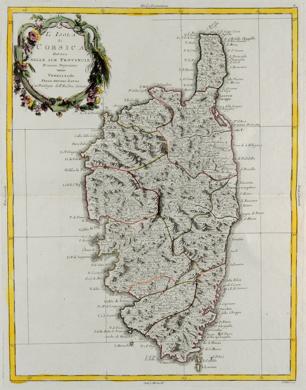 Ostrov Korsika rozdělený na své provincie, rytina G. Zuliani převzatá z Toma II z „Nejnovějšího atlasu“ vydaného v Benátkách v roce 1782 Antoniem Zattou, Soukromá sbírka od G. Zuliani