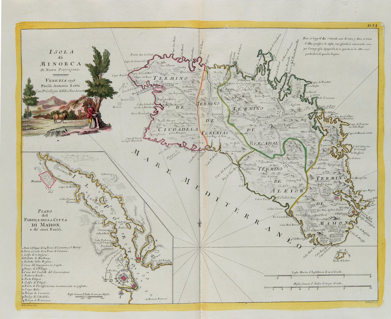 Ostrov Minorca a plán přístavu a města Mahon a jeho pevností, rytina G. Zuliani převzatá z Toma I. z „Nejnovějšího atlasu“ vydaného v Benátkách v roce 1778 Antoniem Zattou, Soukromá sbírka od G. Zuliani