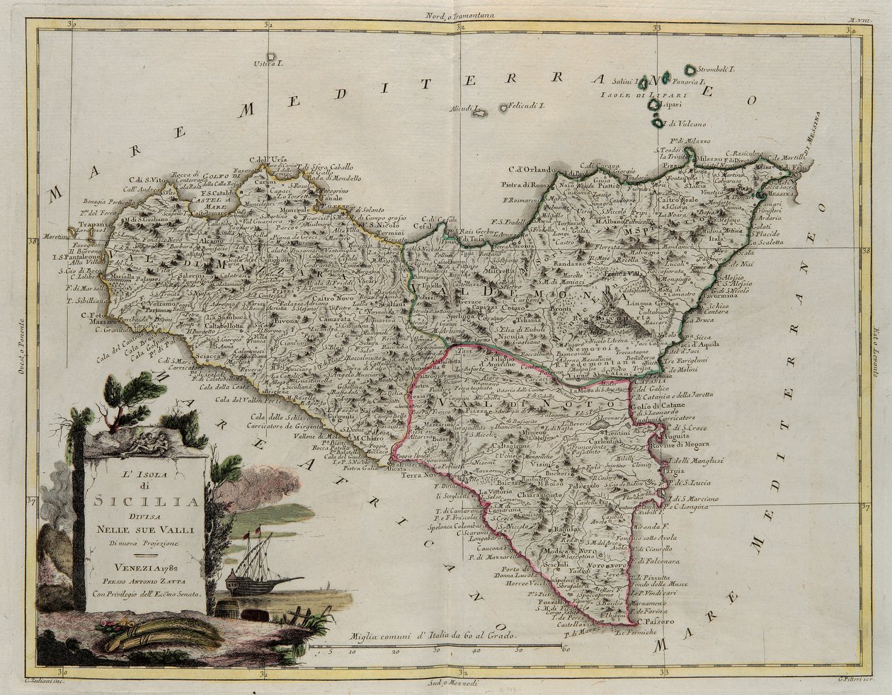 Ostrov Sicílie, rozdělený na svá údolí, rytina G. Zuliani převzatá z Toma II z Nejnovějšího atlasu vydaného v Benátkách v roce 1782 Antoniem Zattou, Soukromá sbírka od G. Zuliani