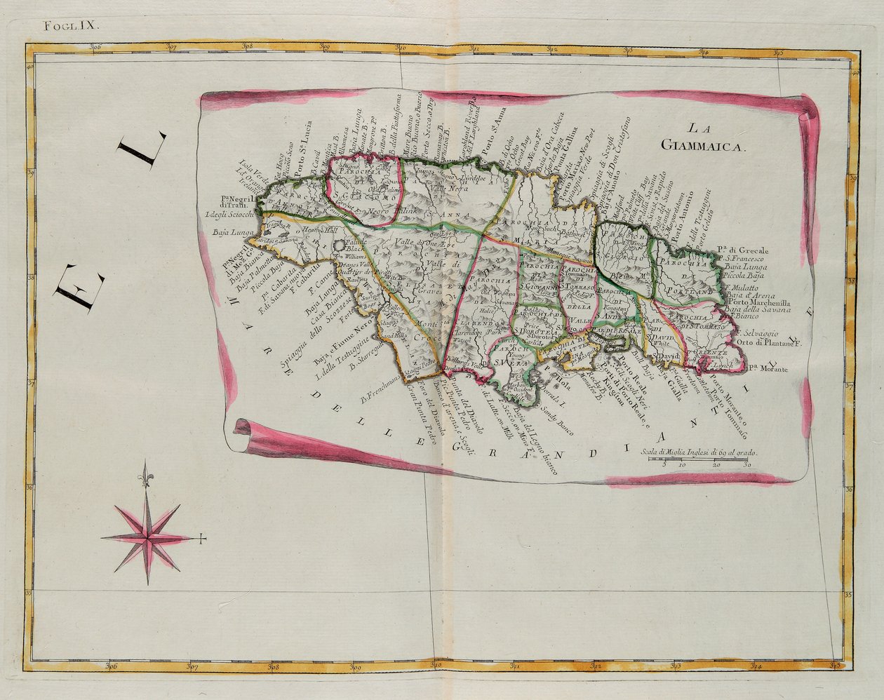 Jamajka, rytina G. Zuliani převzatá z Toma I. z "Nejnovějšího atlasu" vydaného v Benátkách v roce 1778 Antoniem Zattou, Soukromá sbírka od G. Zuliani