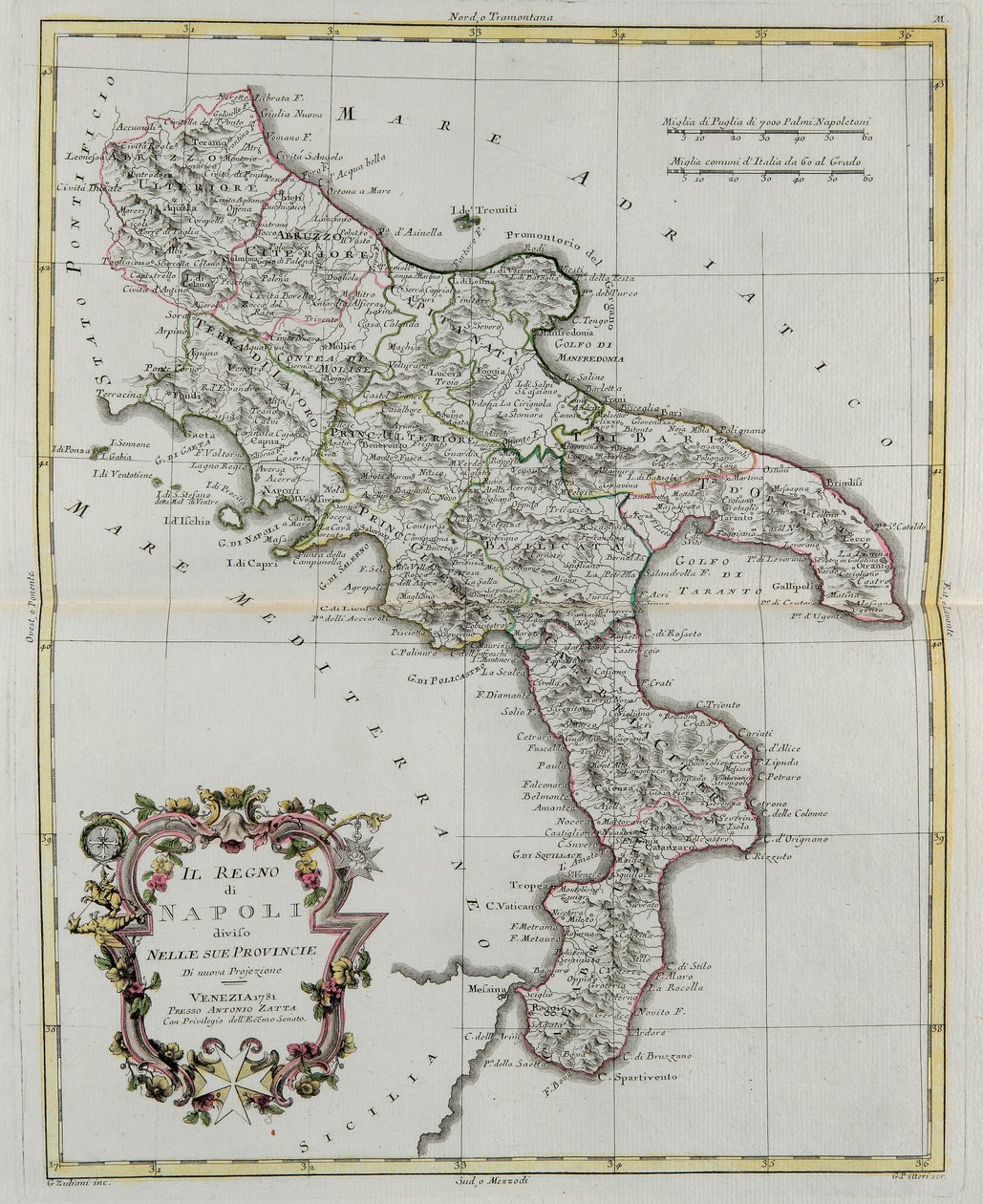 Neapolské království rozdělené na své provincie, rytina G. Zuliani převzatá z Toma II z „Nejnovějšího atlasu“ vydaného v Benátkách v roce 1781 Antoniem Zattou, Soukromá sbírka od G. Zuliani