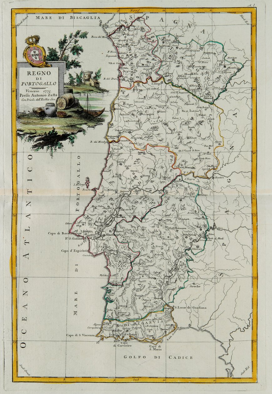 Portugalské království, rytina G. Zuliani převzatá z Toma I. z nejnovějšího atlasu vydaného v Benátkách v roce 1776 Antoniem Zattou, soukromá sbírka od G. Zuliani