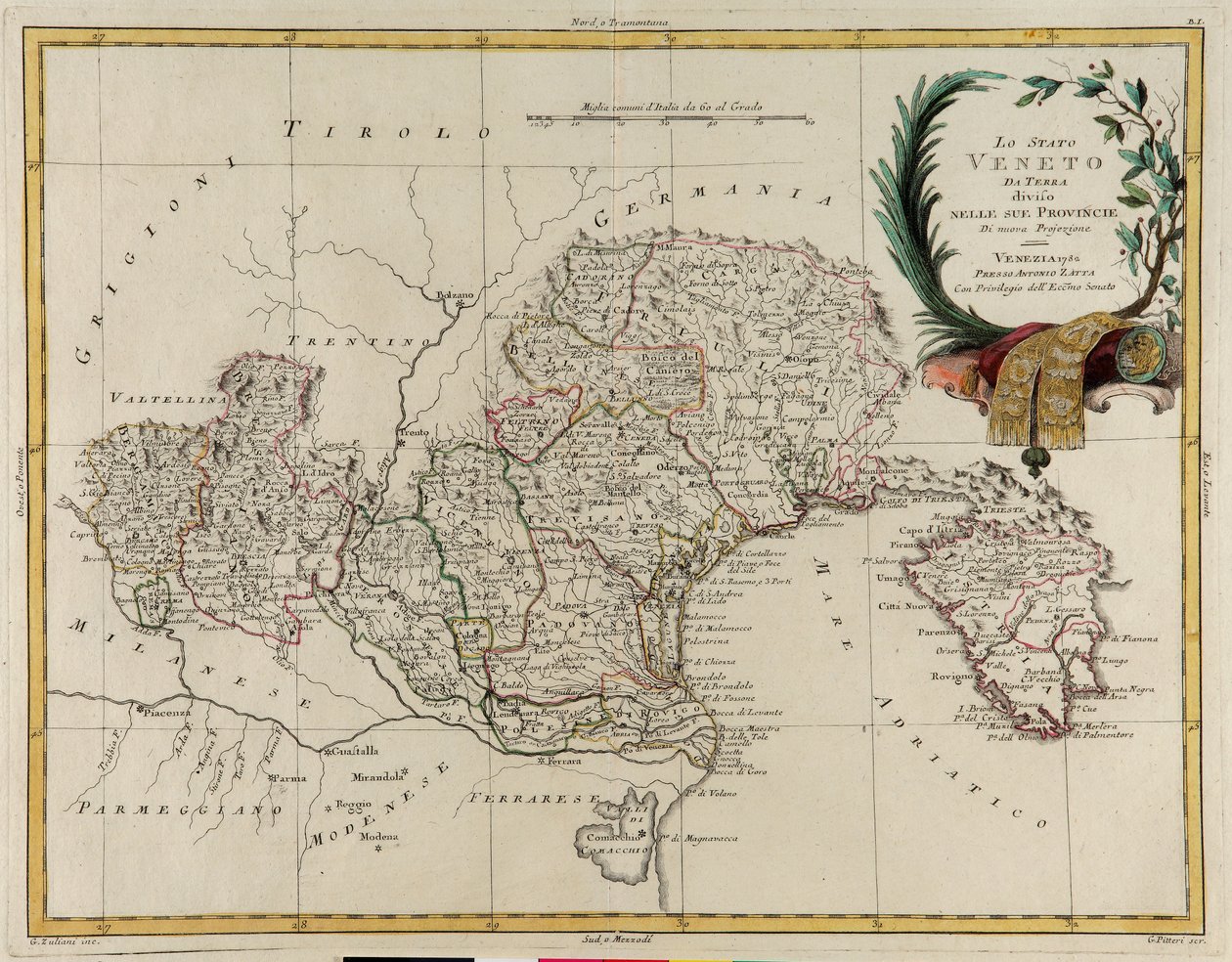 Oblast státu Veneto, rozdělená na jeho provincie, rytina G. Zuliani převzatá z Toma II z „Nejnovějšího atlasu“ vydaného v Benátkách v roce 1782 Antoniem Zattou, Soukromá sbírka od G. Zuliani