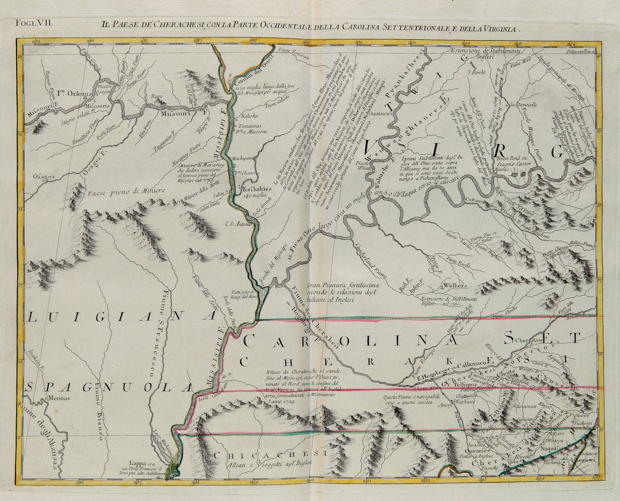 Země Cherokees se západní částí Severní Karolíny a Virginie, rytina G. Zuliani převzatá z Toma I. z „Nejnovějšího atlasu“ vydaného v Benátkách v roce 1778 Antoniem Zattou, Soukromá sbírka od G. Zuliani