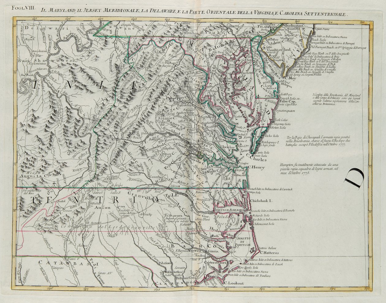 Maryland, jižní New Jersey, Delaware a východní část Virginie a Severní Karolíny, rytina G. Zuliani převzatá z Tome I z „Nejnovějšího atlasu“ vydaného v Benátkách v roce 1778 Antoniem Zattou, Soukromá sbírka od G. Zuliani
