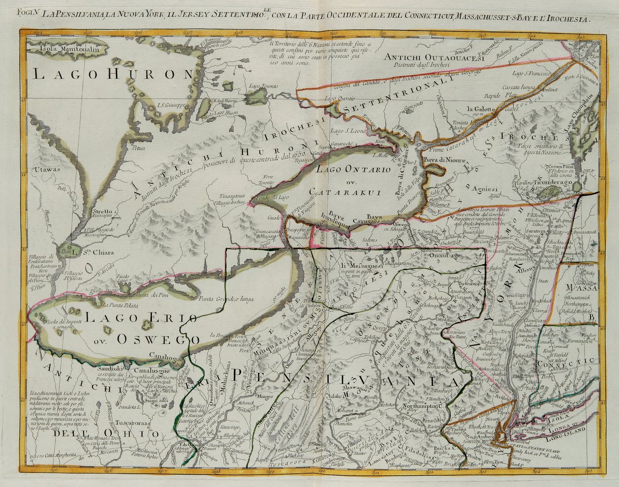 Pennsylvania, New York, jižní New Jersey, se západní částí Connecticutu, Massachusetts Bay a Land of the Iroquois, rytina G. Zuliani převzatá z Tome I z „Nejnovějšího atlasu“ vydaného v Benátkách v roce 1778 Antoniem Zattou, Private Collection od G. Zuliani