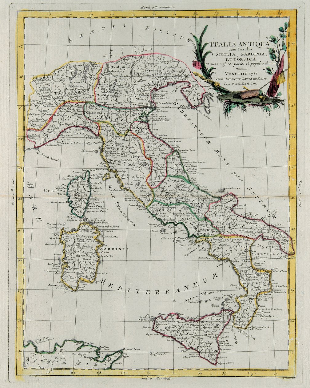 Politická mapa Itálie, rytina G. Zuliani převzatá ze IV. dílu „Novissimo Atlas“ vydaného v Benátkách v roce 1785 Antoniem Zattou, soukromá sbírka od G. Zuliani