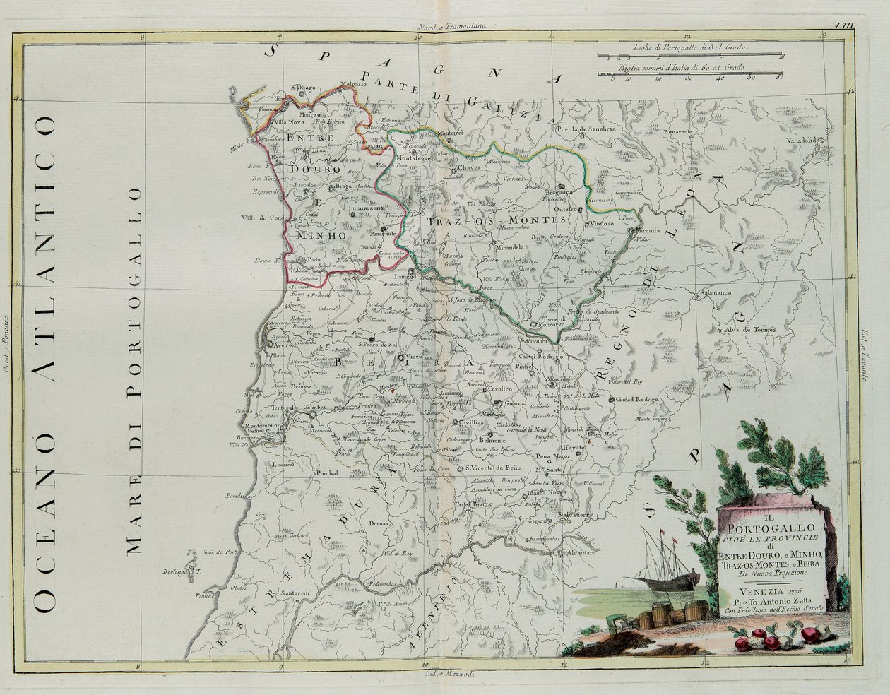 Portugalsko, tedy provincie Entre Douro, Minho, Traz-os-Montes a Bejir, rytina G. Zuliani převzatá z Toma I. z Nejnovějšího atlasu vydaného v Benátkách roku 1776 Antoniem Zattou, vojínem Coll. od G. Zuliani
