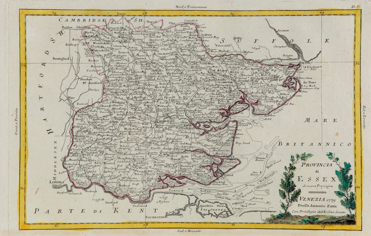 Provincie Essex, rytina G. Zuliani převzatá z Toma I. z „Nejnovějšího atlasu“ vydaného v Benátkách v roce 1779 Antoniem Zattou, Soukromá sbírka od G. Zuliani
