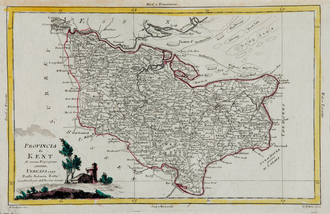 Provincie Kent, rytina G. Zuliani převzatá z Toma I. z "Nejnovějšího atlasu" vydaného v Benátkách v roce 1779 Antoniem Zattou, Soukromá sbírka od G. Zuliani