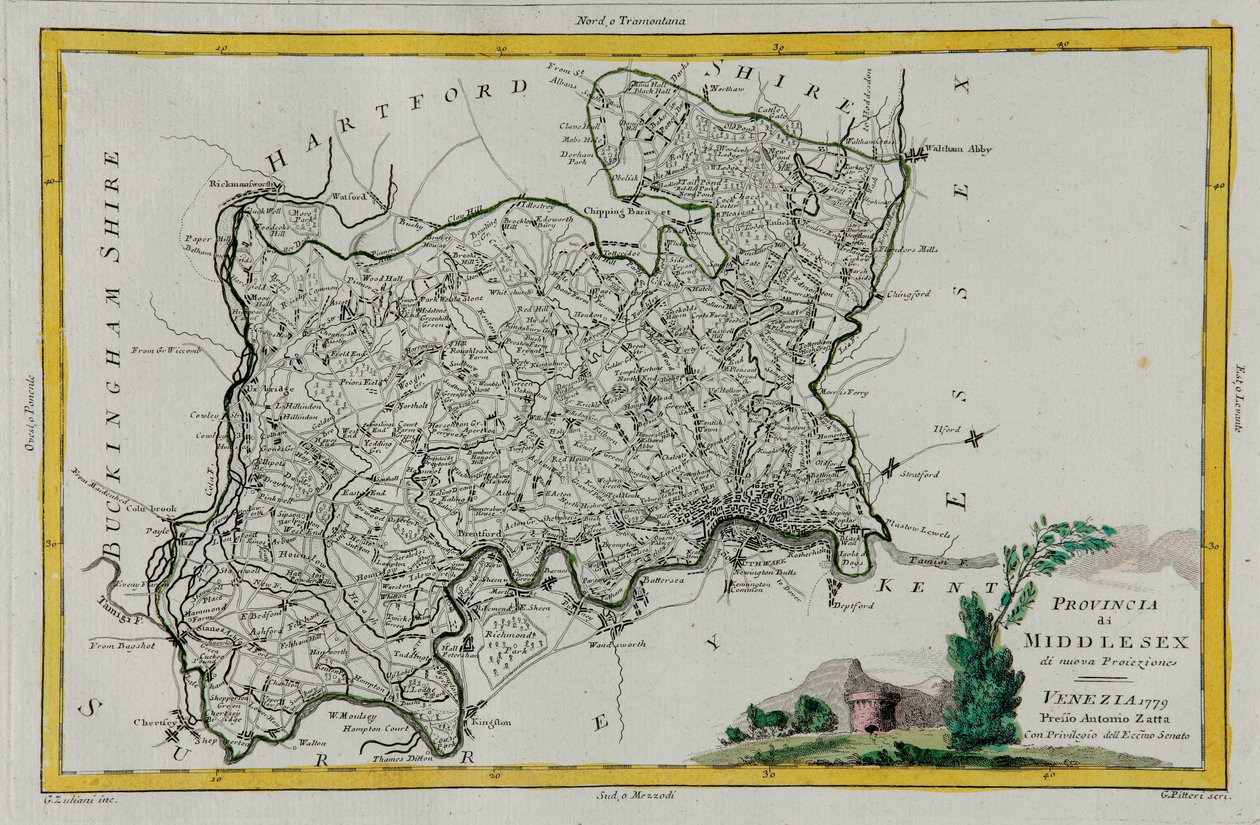 Provincie Middlesex, rytina G. Zuliani převzatá z Toma I. z „Nejnovějšího atlasu“ vydaného v Benátkách v roce 1779 Antoniem Zattou, Soukromá sbírka od G. Zuliani