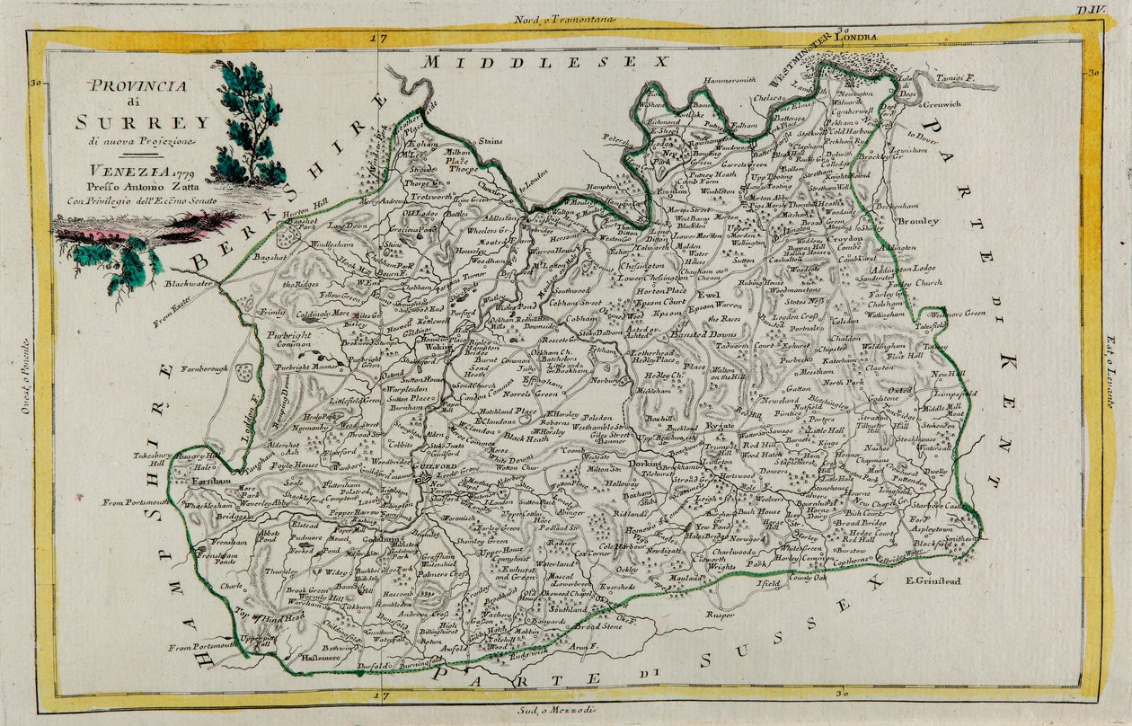 Provincie Surrey, rytina G. Zuliani převzatá z Toma I. z „Nejnovějšího atlasu“ vydaného v Benátkách v roce 1779 Antoniem Zattou, Soukromá sbírka od G. Zuliani