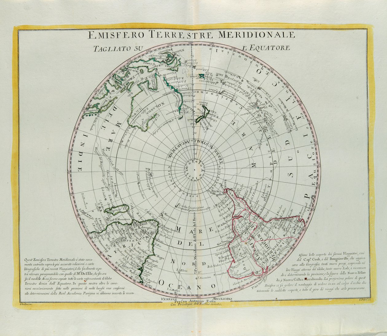 Jižní polokoule Země řez na rovníku, rytina G. Zuliani převzata z Toma I. z Nejnovějšího atlasu vydaného v Benátkách v roce 1779 Antoniem Zattou od G. Zuliani