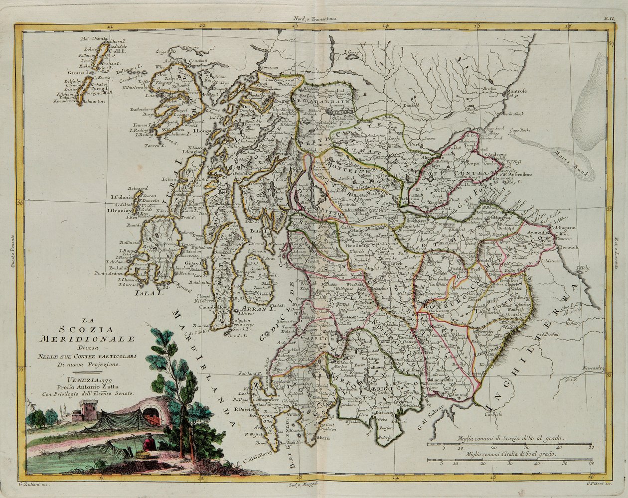 Jižní Skotsko rozdělené na své hrabství, rytina G. Zuliani převzatá z Toma I. z „Nejnovějšího atlasu“ vydaného v Benátkách v roce 1779 Antoniem Zattou, Soukromá sbírka od G. Zuliani