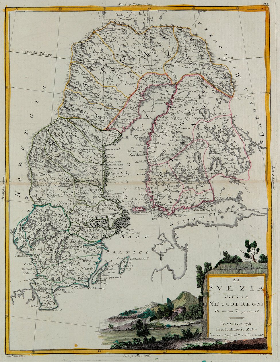 Švédsko rozdělené na svá království, rytina G. Zuliani převzatá z Toma III z „Nejnovějšího atlasu“ vydaného v Benátkách v roce 1781 Antoniem Zattou, Soukromá sbírka od G. Zuliani