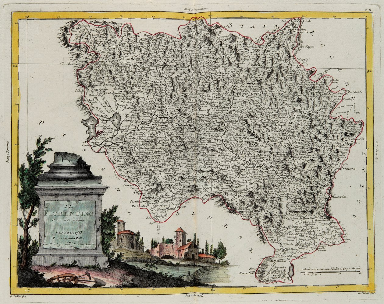 Území Florencie, rytina G. Zuliani převzatá z Toma II z "Nejnovějšího atlasu" vydaného v Benátkách v roce 1783 Antoniem Zattou, soukromá sbírka od G. Zuliani